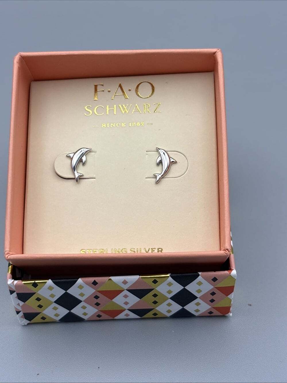 FAO Schwarz 925 Sterling Silver Dolphin Stud Earrings Butterfly Back Lobe